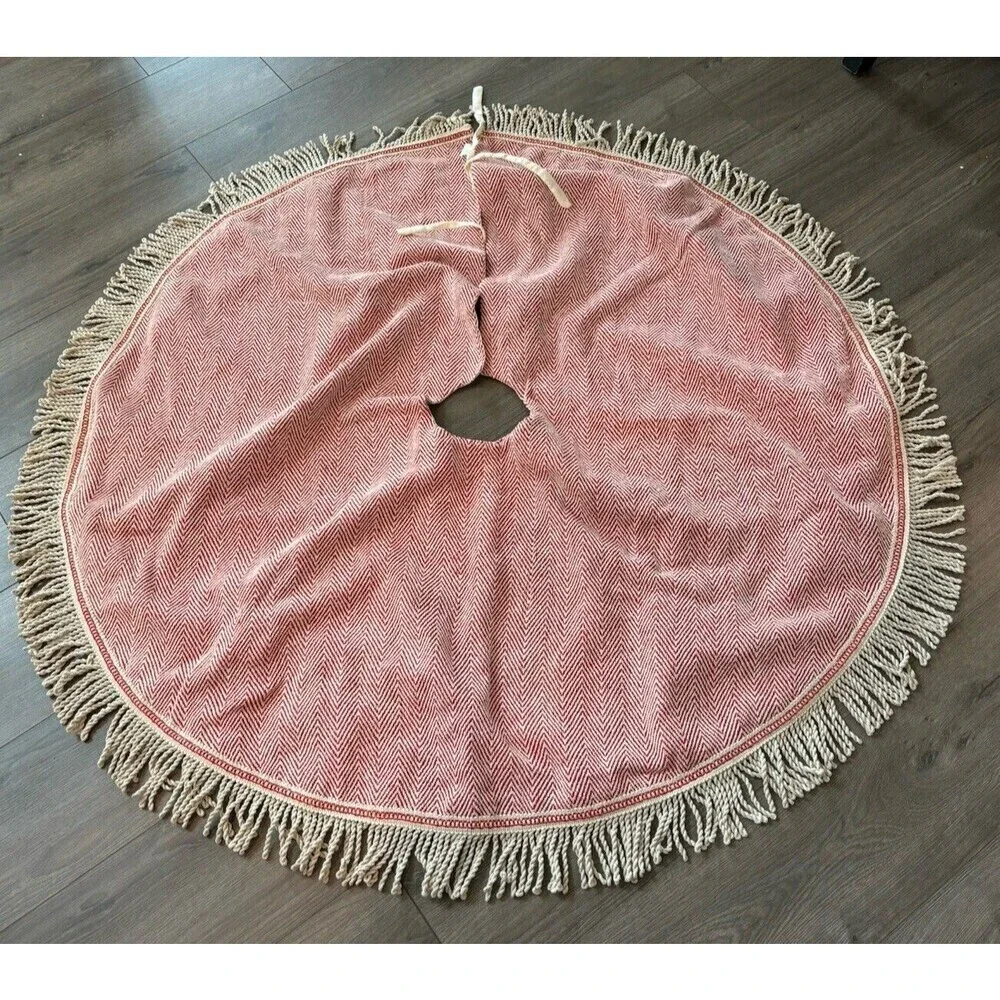 Merry Christmas Tree Skirt Boho Bohemian Farmhouse Chic Red Beige Fringe 48